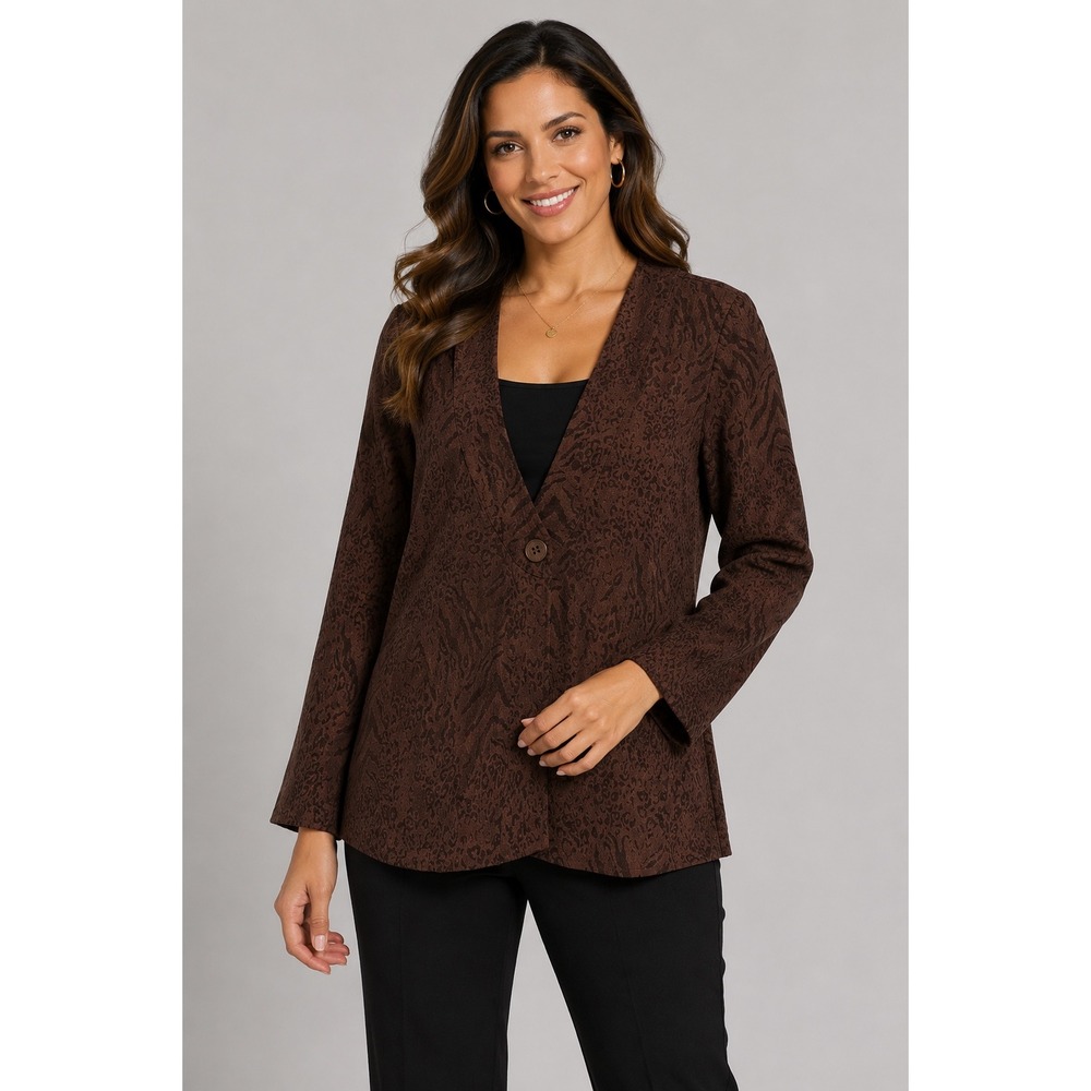Coldwater Creek Brown Animal Print Jacquard Single Button Blazer Cardigan XS